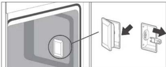 Diagram showing a door lock mechanism with a magnified inset and directional arrows indicating process steps.