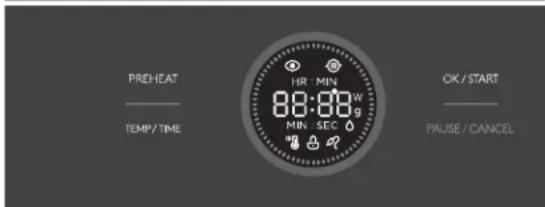 PREHEAT TEMP/ TIME HR MIN 80:00W MIN SEC OK/START PAUSE/CANCEL
