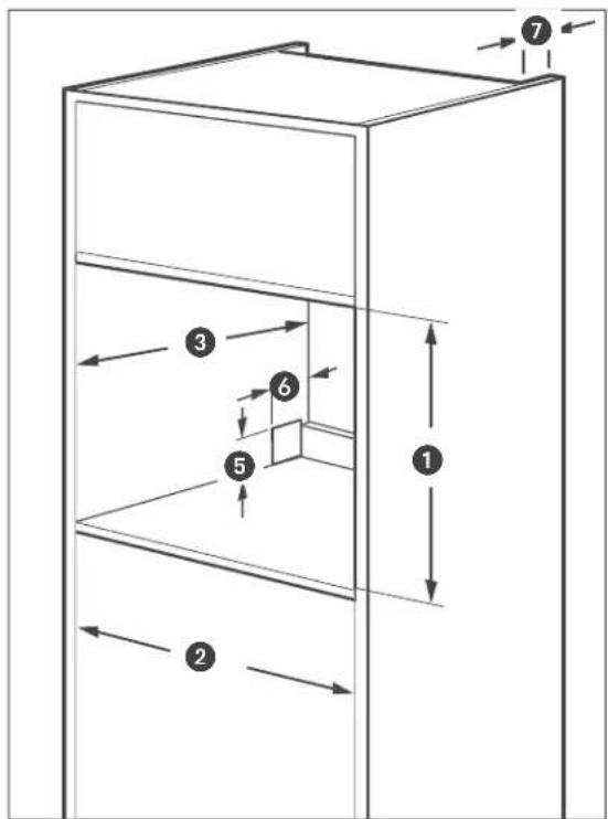 Technical diagram of a multi-level cabinet with numbered components and directional arrows indicating flow or placement.
