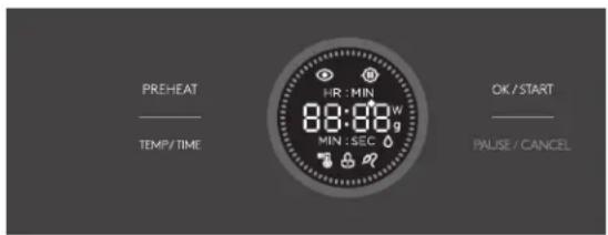 PREHEAT TEMP/TIME HR : MIN 8:00:00 W MIN : SEC OK / START PAUSE / CANCEL