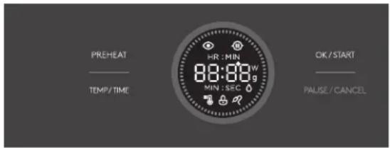 PREHEAT TEMP/TIME HR : MIN 8:00:00 W MIN : SEC OK / START PAUSE / CANCEL