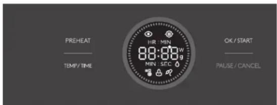 PREHEAT TEMP/ TIME HR MIN 08:00W MIN SEC OK / START PAUSE / CANCEL