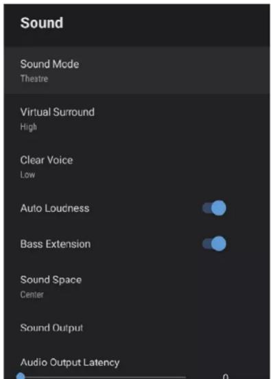Sound Sound Mode Theatre Virtual Surround High Clear Voice Low Auto Loudness Bass Extension Sound Space Center Sound Output Audio Output Latency