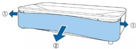Diagram showing two labeled components (① and ②) with directional arrows indicating flow or movement on a blue-shaded rectangular object.