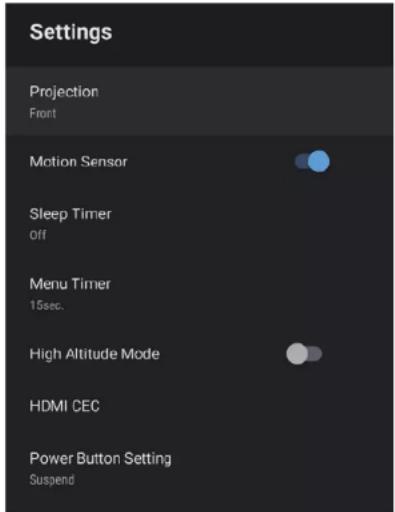 Settings Projection Front Motion Sensor Sleep Timer off Menu Timer 15sec. High Altitude Mode HDMI CEC Power Button Setting Suspend