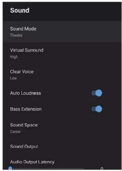 Sound Sound Mode Theatre Virtual Surround High Clear Voice Low Auto Loudness Bass Extension Sound Space Center Sound Output Audio Output Latency