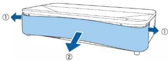 Diagram showing two labeled components (① and ②) with directional arrows indicating flow or movement on a blue-shaded rectangular object.