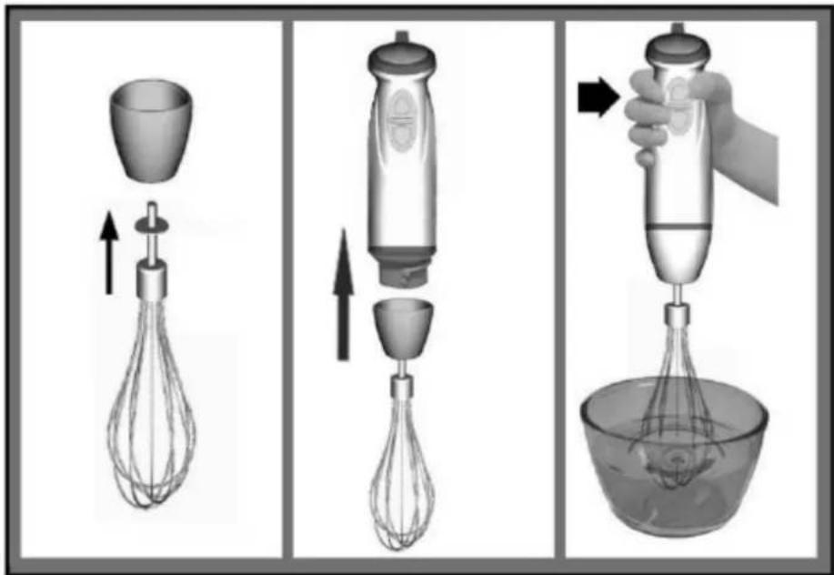 Illustration showing three-step cooking process: mixing a bowl, pouring liquid into a glass bowl with whisk, and adding liquid to a hand.