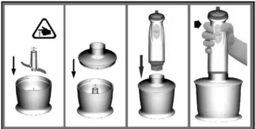 Diagram illustrating four steps of a mechanical device with warning symbols and component illustrations