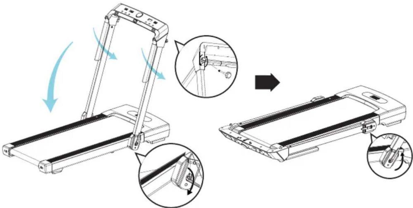 Technical diagram illustrating the step-by-step assembly of a treadmill device, showing before and after states with labeled components.