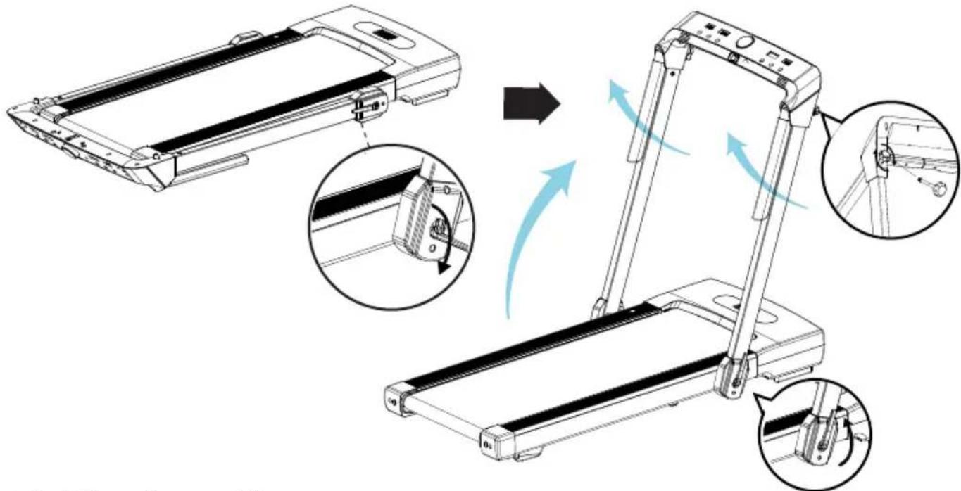 Technical diagram illustrating the step-by-step assembly of a treadmill, showing component positioning and motion directions.