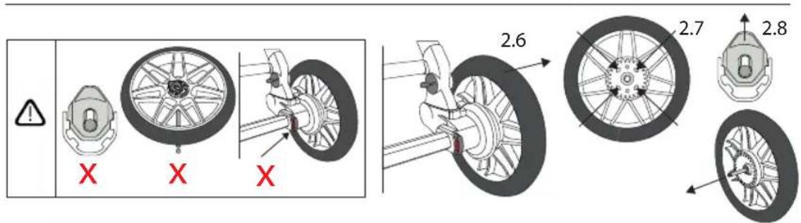 Technical diagram showing bicycle wheel assembly with labeled components and warning indicators