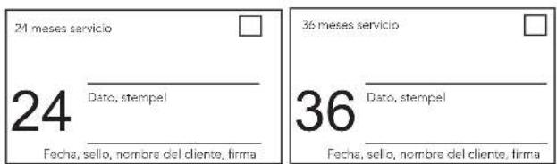 24 meses servicio 24 Dato, stempel Fecha, sello, nombre del cliente, firma 36 meses servicio 36 Dato, stempel Fecha, sello, nombre del cliente, firma