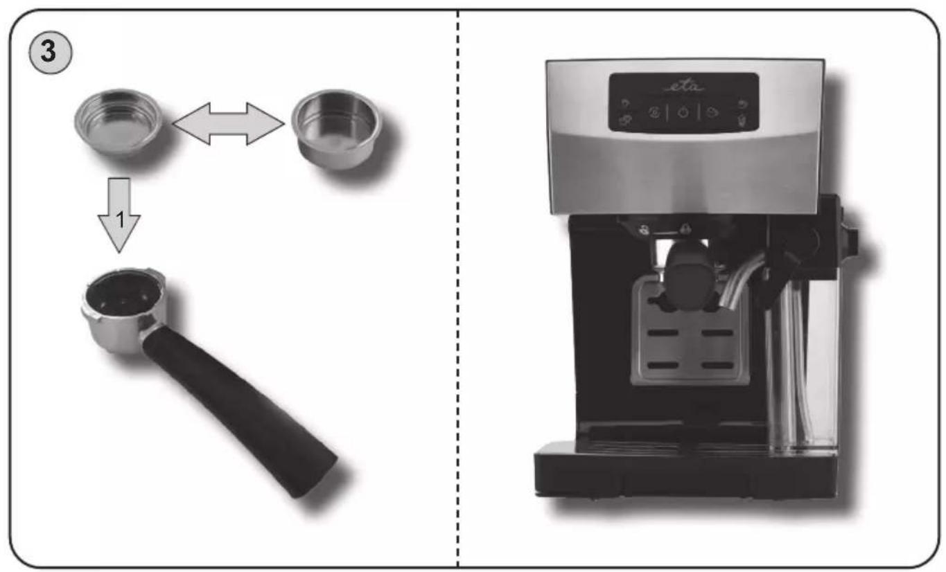 Diagram showing a coffee machine setup with labeled parts and a step indicator for adding or modifying the cup.