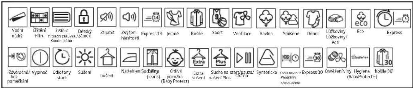 Vodní nádrž Čištění filtru Čištění filtrační zásuvka / Zámek Kondenzátor Dětský Ztlumit Zvyšení hlasitosti Express 14 Jemné Košile Sport Ventilace Bavlna Smišené Denní Lůžkoviny Lůžkoviny/ Peří Eco Express Závěrečné/ bez pomačkání Vypínač Odložený start Sušení nošení Na žehlení Sardžing (Jeans) Citlivá pokožka (Baby Protect) Extra sušení Suché na nošení Plus Syntetické Košik navinu/ Programy sčasovačem Express 30 Osvěžení vlny Hygiena (BabyProtect+) Košile 30'
