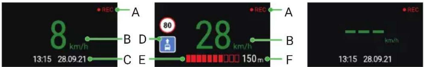 8 km/h 13:15 28.09.21 A B D C E 80 28 km/h REC REC A B F 13:15 28.09.21 REC km/h