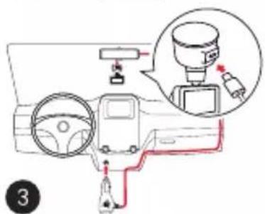 Diagram showing car interior and dashboard with a close-up of a device's cable, labeled with number 3