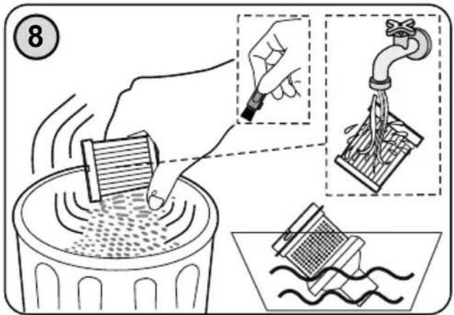 Illustration showing a hand cleaning a trash bin with a tool, and demonstrating the process of cleaning a water tap into a container.