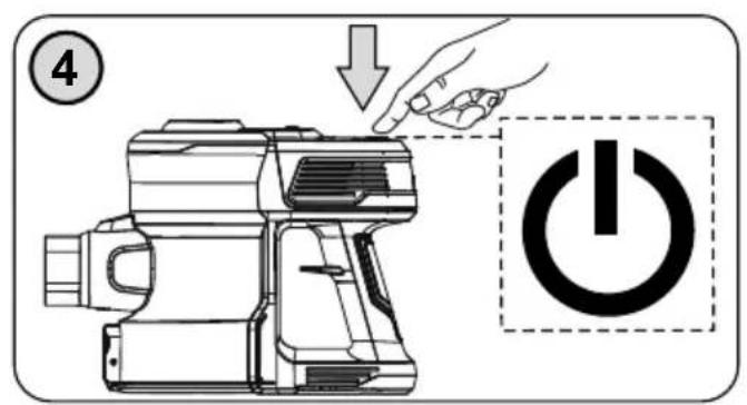 Diagram showing a hand using a power tool to press a device, with a power button and a numbered step indicator.