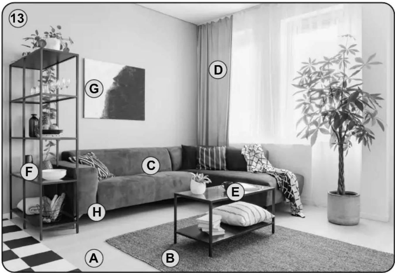 Black-and-white interior photo of a modern living room with labeled furniture and objects, including a potted plant and wall art.