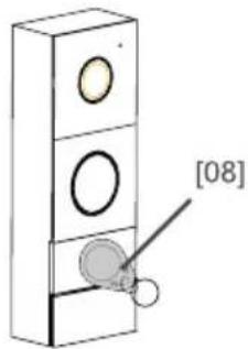 3D diagram of a vertical rectangular object with three circular holes and a labeled component [08] (no text or symbols beyond label)