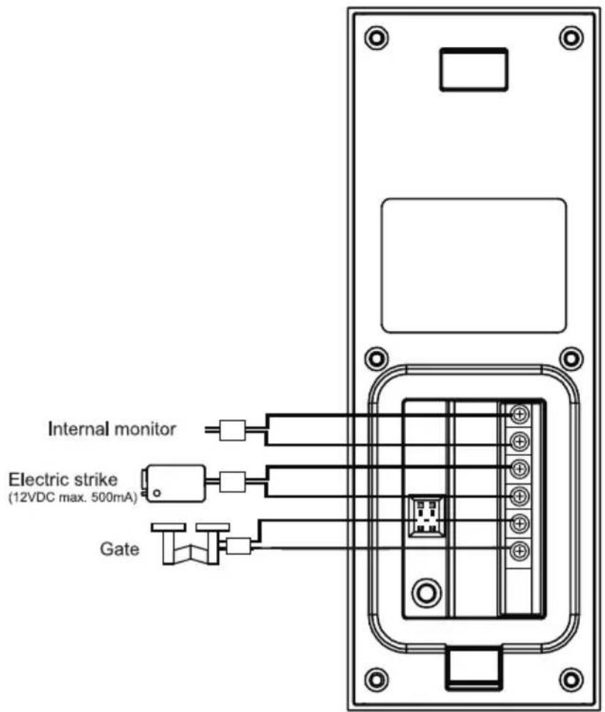 Internal monitor Electric strike (12VDC max. 500mA) Gate