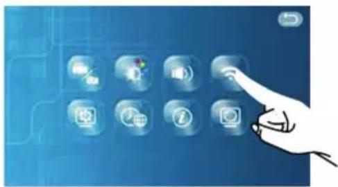 Hand interacting with a blue abstract digital interface displaying nine app icons (no text or symbols)