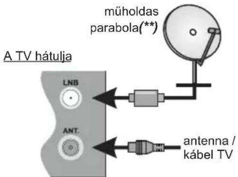 A TV hátulja LNB ANT. műholdas parabola(**) antenna / kábel TV