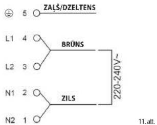 5 ○ ZALS/DZELTENS L1 4 ○ BRÜNS L2 3 ○ N1 2 ○ ZILS N2 1 ○ 220-240V~ 11.alt.