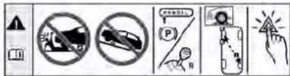 Safety warning icons with Chinese labels, including no violations, a parking sign, a phone icon, and a hand pointing to a warning symbol.
