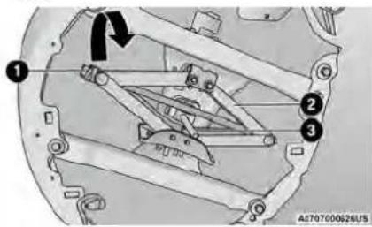 Technical diagram of a mechanical assembly with numbered components and directional arrows indicating motion or force