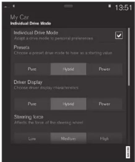 13:51 My Car Individual Drive Mode Individual Drive Mode Adapt a drive mode to personal preferences Presets Choose a preset drive mode to have as a starting value Pure Hybrid Power Driver Display Choose driver display characteristics Pure Hybrid Power Steering force Affects the force of the steering wheel Low Medium High