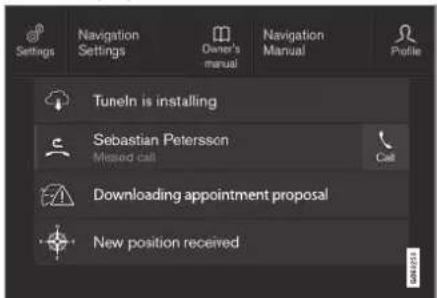 Settings Navigation Settings Owner's manual Navigation Manual Profile Tuneln is installing Sebastian Petersson Missed call Call Downloading appointment proposal New position received