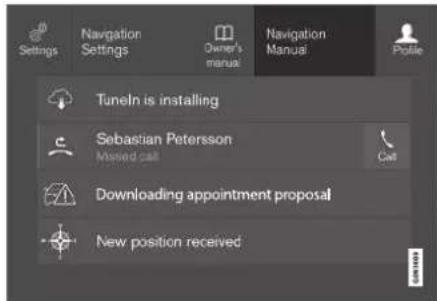 Settings Navigation Settings Owner's manual Navigation Manual Pollie Tuneln is installing Sebastian Petersson Missed call Downloading appointment proposal New position received