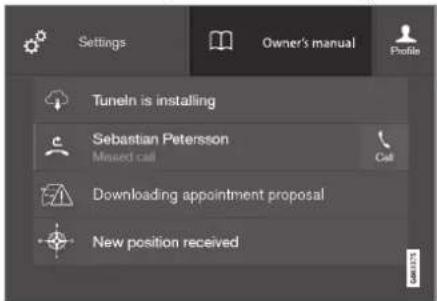 Settings Owner's manual Profile Tuneln is installing Sebastian Petersson Missed call Call Downloading appointment proposal New position received
