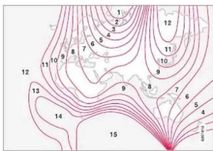 Topographic map with contour lines and numbered regions, showing a world map with labeled locations.