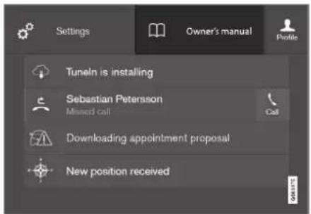 Settings Owner's manual Profile Tuneln is installing Sebastian Petersson Missed call Call Downloading appointment proposal New position received