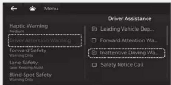 Haptic Warning Nedevs Driver Attention Warning Forward Safety Warning Only Lane Safety Lane Keeping Assist Blind-Spot Safety Warning Only Driver Assistance Leading Vehicle Dep... Forward Attention Wa... Inattentive Driving Wa... Safety Notice Call