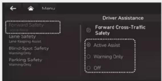 Forward Safety Lane Safety Lane Keeping Assist Blind-Spot Safety Warning Only Parking Safety Warning Only Driver Assistance Forward Cross-Traffic Safety Active Assist Warning Only Off