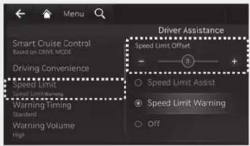 Menu Smart Cruise Control Based on DRIVE MODE Driving Convenience Speed Limit Speed Limit Warning Warning Timing Standard Warning Volume High Driver Assistance Speed Limit Offset - + Speed Limit Assist Speed Limit Warning Off