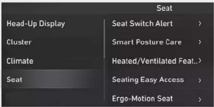 Seat Head-Up Display Cluster Climate Seat Seat Switch Alert > Smart Posture Care > Heated/Ventilated Feat..> Seating Easy Access > Ergo-Motion Seat >