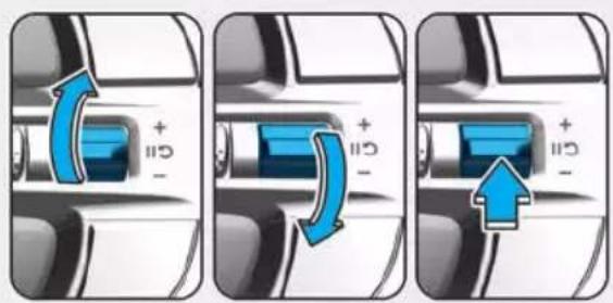 Diagram showing three steps of a blue directional arrow inside a vehicle, indicating clockwise rotation or movement.