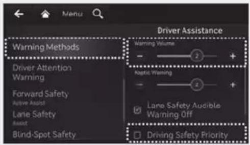 Menu Driver Assistance Warning Methods Warning Volume Driver Attention Warning Rapid Warning Forward Safety Active Assist Lane Safety Audi Blind-Spot Safety Lane Safety Audible Warning Off Driving Safety Priority