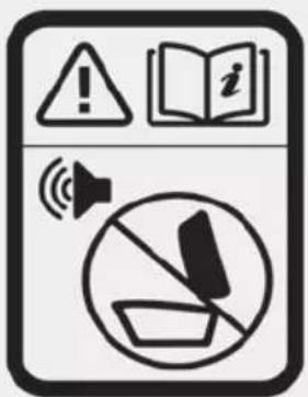 Warning sign with warning triangle, open book icon, speaker symbol, and prohibition signs