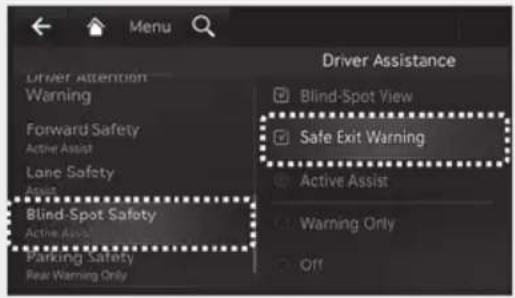 Driver Assistance Blind-Spot View Safe Exit Warning Active Assist Warning Only Off Blind-Spot Safety Active Assist Parking Safety Rear Warning Only