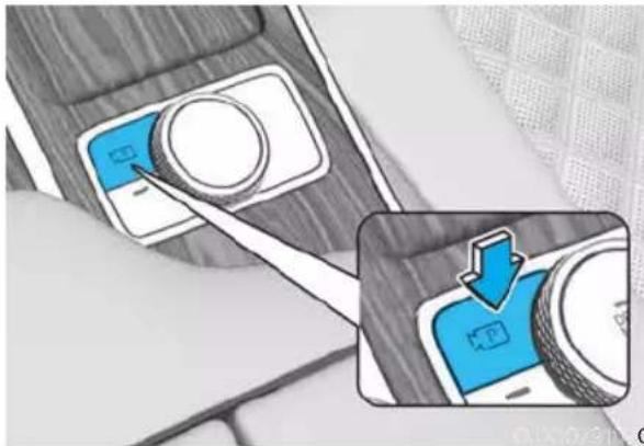 Diagram showing a car interior with a blue camera icon and a magnified view of the camera's screen interface.