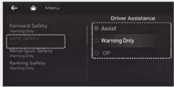 Forward Safety Warning Only Lane Safety Blind-Spot Safety Warning Only Parking Safety Warning Only Driver Assistance Assist Warning Only Off