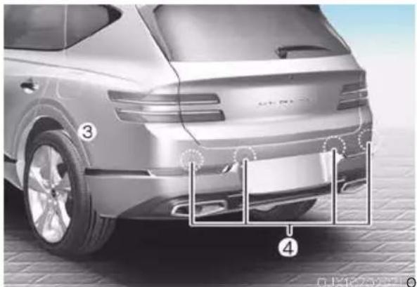 Technical diagram of a car rear bumper with numbered annotations indicating parts of the front wheel and rear wheel.