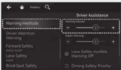 Menu Warning Methods Driver Attention Warning Forward Safety Active Assist Lane Safety Apost Blind-Spot Safety Driver Assistance Warning Volume - + Apost Warning - + Lane Safety Audible Warning Off Driving Safety Priority