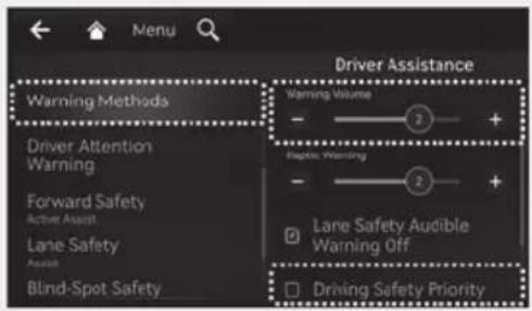 Menu Driver Assistance Warning Methods Warning Volume Driver Attention Warning Rapid Warning Forward Safety Active Assist Lane Safety Audi Blind-Spot Safety Lane Safety Audible Warning Off Driving Safety Priority